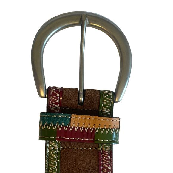 Brown Genuine Suede Leather Belt with Multcolor Trim Womens Small Wide Boho - Picture 2 of 9